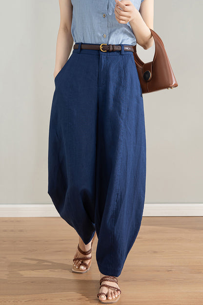 Dark Blue Linen Wide Leg Pants - High Waisted Tapered Silhouette 4213