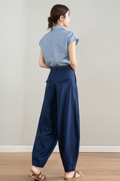 Dark Blue Linen Wide Leg Pants - High Waisted Tapered Silhouette 4213