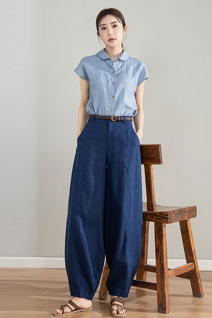 Dark Blue Linen Wide Leg Pants - High Waisted Tapered Silhouette 4213