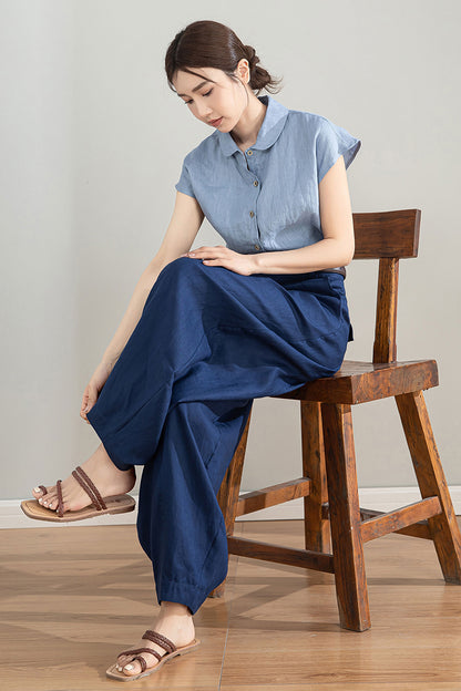 Dark Blue Linen Wide Leg Pants - High Waisted Tapered Silhouette 4213