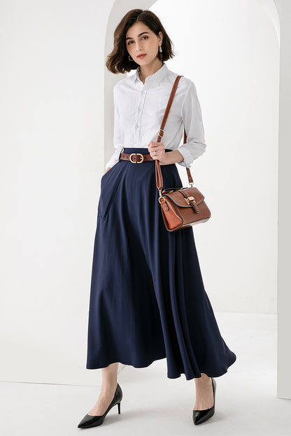 Blue Cotton Nylon A-Line Maxi Skirt - Back Elastic Waistband 3827