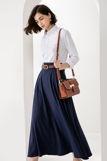 Blue Cotton Nylon A-Line Maxi Skirt - Back Elastic Waistband 3827