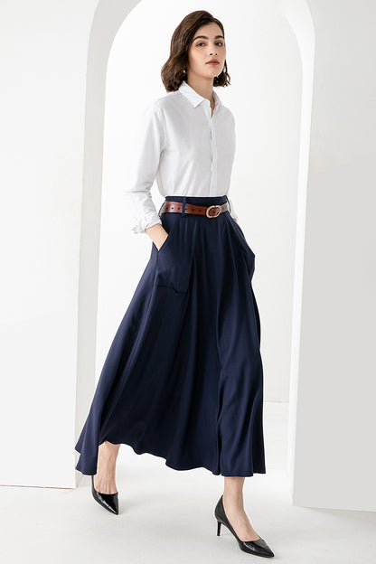 Blue Cotton Nylon A-Line Maxi Skirt - Back Elastic Waistband 3827