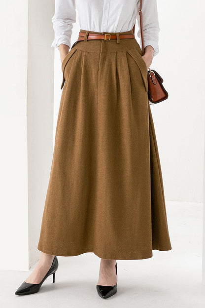 Camel Wool Maxi Skirt – Vintage A-Line Long Winter Skirt with Pockets 3828