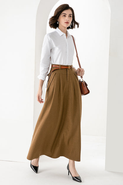 Camel Wool Maxi Skirt – Vintage A-Line Long Winter Skirt with Pockets 3828