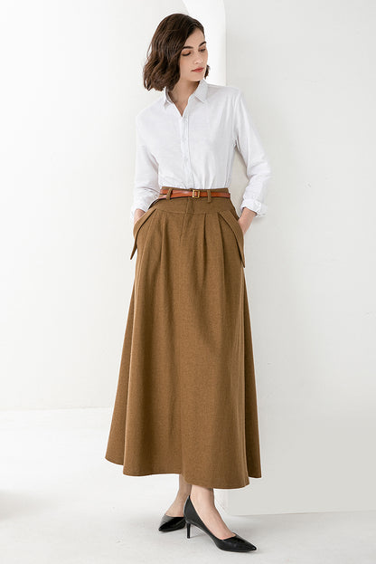 Camel Wool Maxi Skirt – Vintage A-Line Long Winter Skirt with Pockets 3828