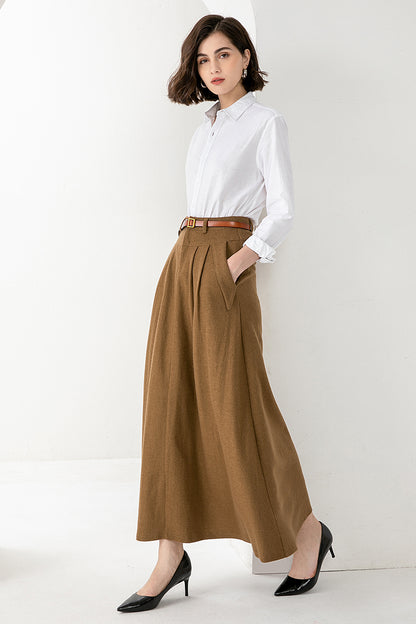 Camel Wool Maxi Skirt – Vintage A-Line Long Winter Skirt with Pockets 3828