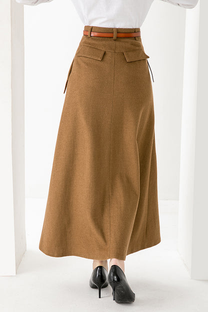 Camel Wool Maxi Skirt – Vintage A-Line Long Winter Skirt with Pockets 3828