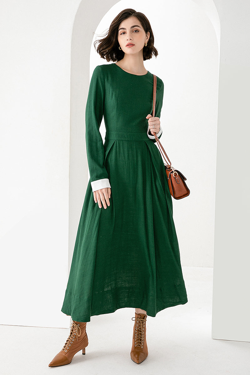 Women Long Sleeve Maxi Linen Dress 3830