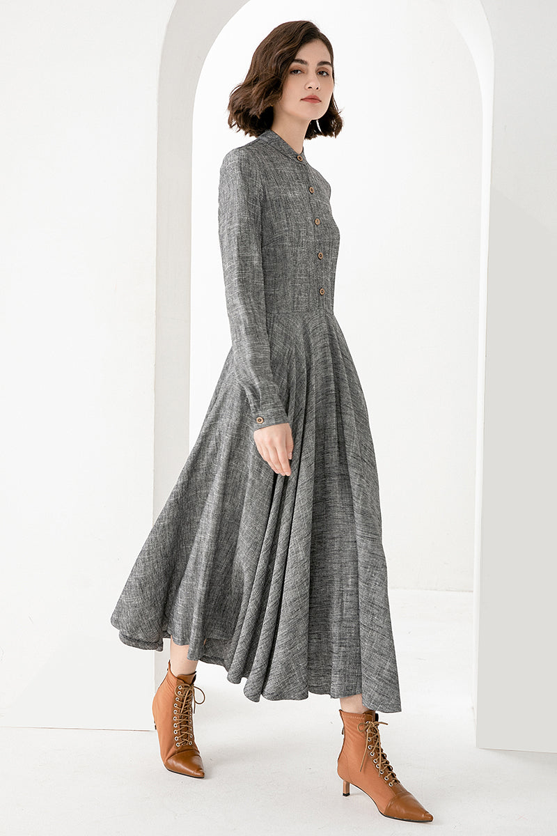 Spring Autumn Long Grey Linen Dress 3831