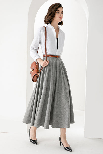 Women’s Light Gray Wool Midi Skirt – Elegant Handmade Swing Skirt | Xiaolizi 3832