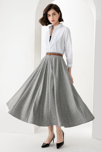 Women’s Light Gray Wool Midi Skirt – Elegant Handmade Swing Skirt | Xiaolizi 3832
