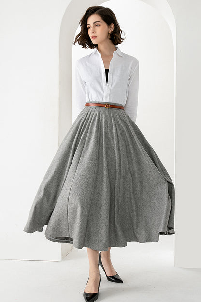 Women’s Light Gray Wool Midi Skirt – Elegant Handmade Swing Skirt | Xiaolizi 3832