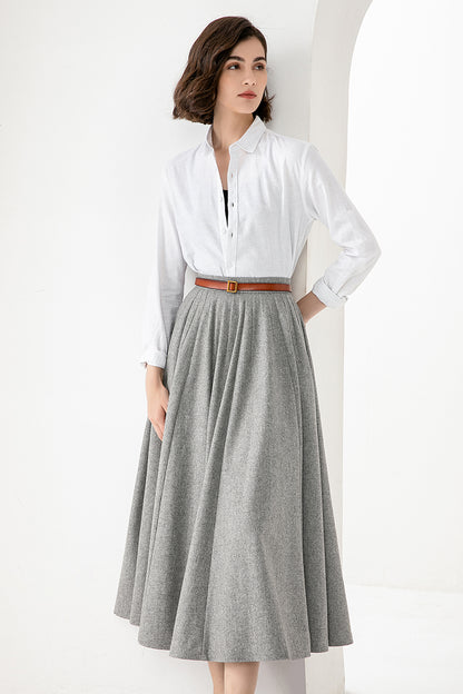 Women’s Light Gray Wool Midi Skirt – Elegant Handmade Swing Skirt | Xiaolizi 3832