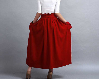 Red Linen Maxi Skirt - Elastic Waist with Draped Pockets 288