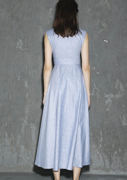 Blue Linen Sleeveless Midi Dress - Side Zipper with Pockets 1316