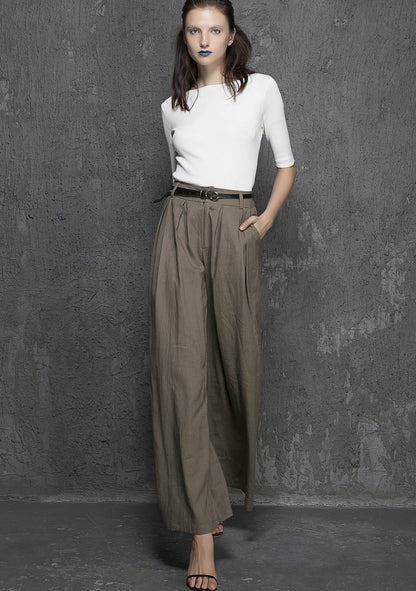 Dark Khaki Linen Cotton Palazzo Pants - Wide Leg Ankle | Xiaolizi 1337