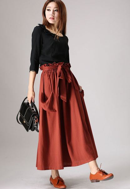 Wine Red Linen Blend Maxi Skirt - Elastic Waist with Ruffle Detail 848