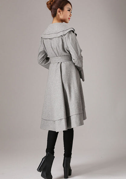 Wool Ruffled Coat – Women’s Vintage Belted Layered Hem Jacket 0763