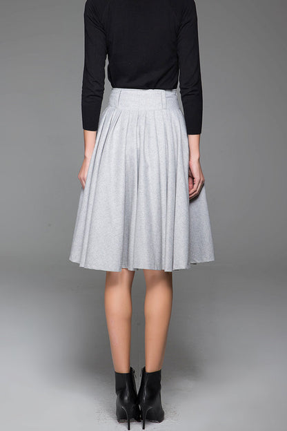 Grey Wool Midi Skirt - Pleated Flowy Silhouette with Pockets 1434