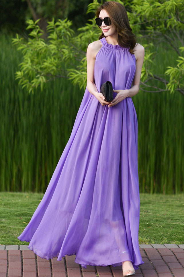 Purple Halter Maxi Swing Chiffon Dress 2922