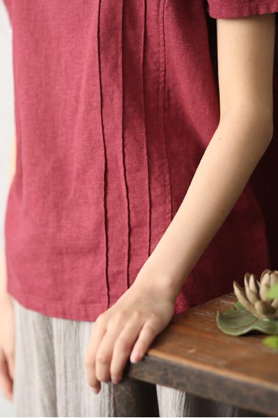 Cotton Linen Short Sleeve Top - Retro Round Neck Loose Fit CYM311