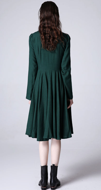 Green Linen Dress – Handmade Long Sleeve Fit & Flare Midi | Xiaolizi 1176