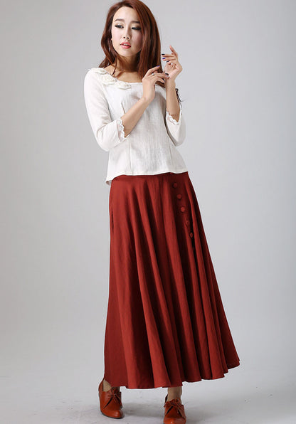 Red Linen Cotton Midi Skirt - 50s Swing Circle with Button Detail 781