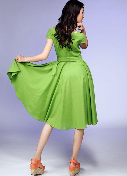 Green Linen Dress - Cold Shoulder Cap Sleeve Flared Skirt 541