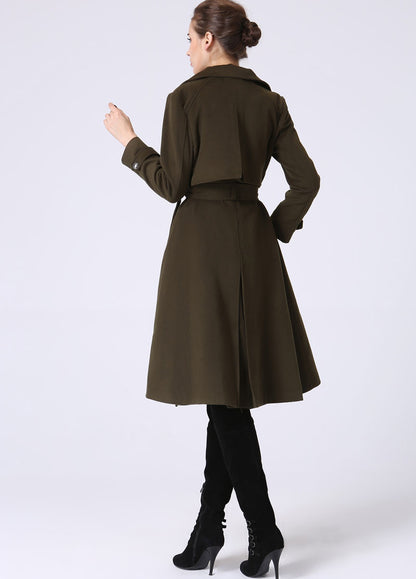 Army Green Wool Blend Military Trench Coat - Self-Tie Waist 1053