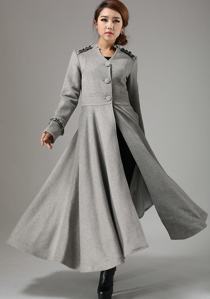 Gray Wool Maxi Coat for Women | Ruffle Trim Fit & Flare Overcoat Grey / S Gray Wool Maxi Coat for Women | Ruffle Trim Fit & Flare Overcoat Grey / S