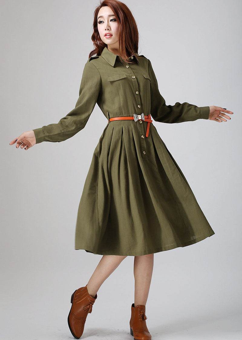 Army Green dress woman linen dress custom made midi dress 0797# – XiaoLizi