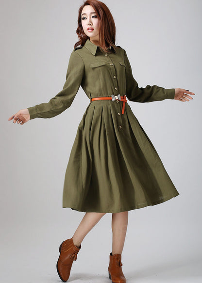 Army Green Linen Midi Dress - Button Closure with Tie Waist 797