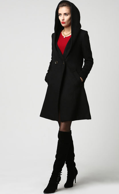Black Hooded Wool Coat for Women – Oversized Winter Jacket with Big Hood | Xiaolizi 1123