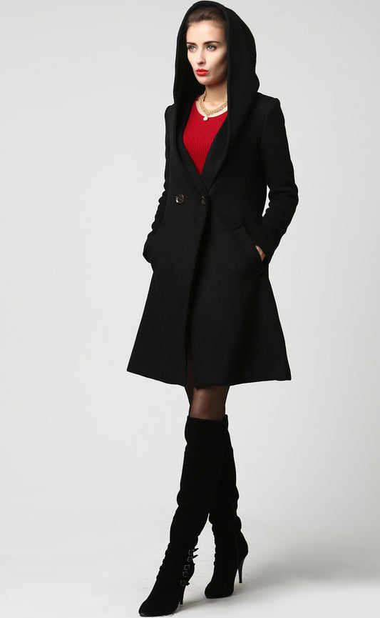 Black Hooded Wool Coat for Women – Oversized Winter Jacket with Big Hood | Xiaolizi 1123