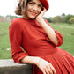 Women A Line Red Pleated Maxi Linen Dress 3576