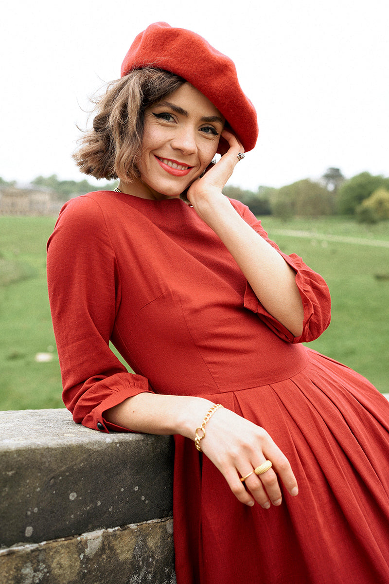 Women A Line Red Pleated Maxi Linen Dress 3576 - Red / XS Women A Line Red Pleated Maxi Linen Dress 3576 - Red / XS