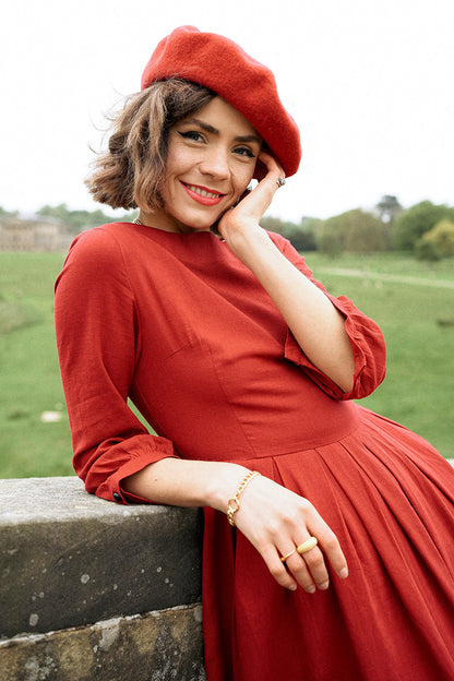 Women A Line Red Pleated Maxi Linen Dress 3576