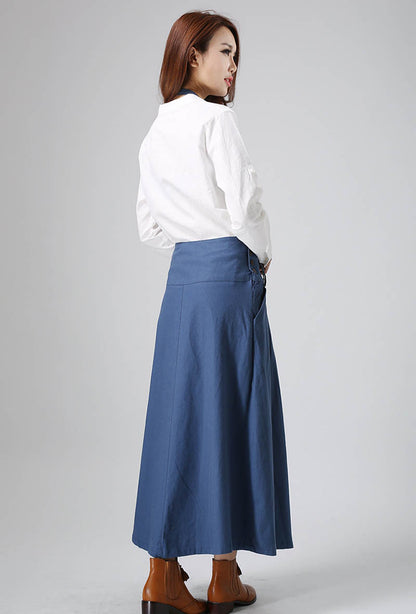 Blue Linen Maxi Skirt with Tie Belt and Pockets - Regular Fit 819