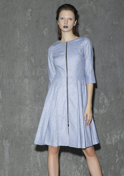 Light Blue Linen Midi Dress - Pleated Flowy Fit with Round Collar 1312