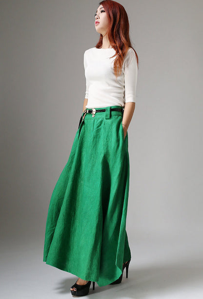 Green Linen Cotton Maxi Skirt – Handmade Modern Boho Long Skirt | Xiaolizi 1038