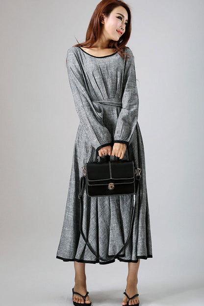 Gray Linen Maxi Dress - A-Line with Long Sleeves and Waist Belt 792