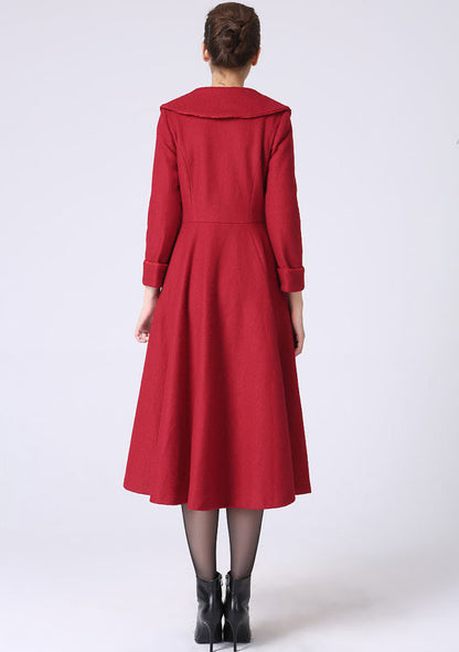 Vintage Wool Coat for Women – Handmade Red Princess Style Long Winter Coat with Lace Trim | Xiaolizi 1065