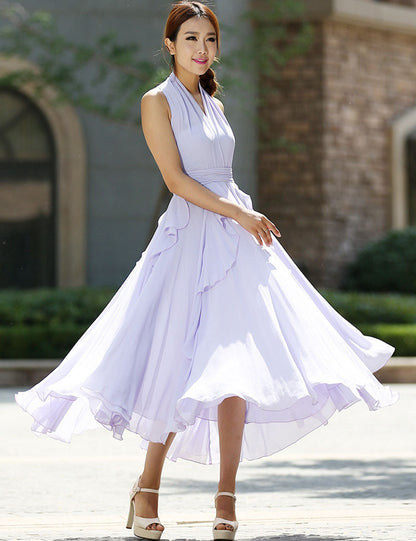 Purple Chiffon Maxi Dress with Halter Neck and Irregular Hem – Xiaolizi