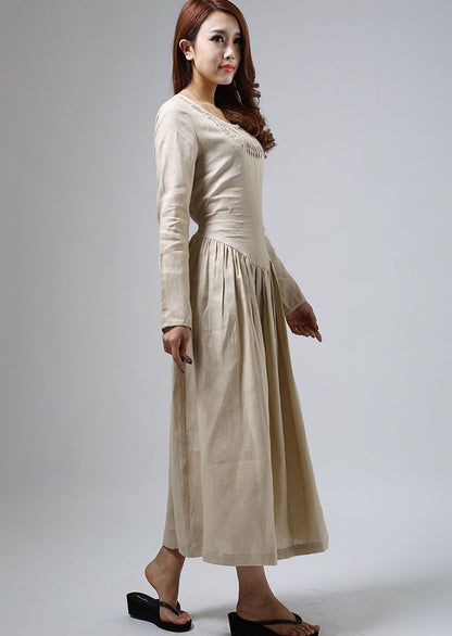 Beige Cotton Linen Maxi Dress - Pleated Front with Adjustable Waist 801