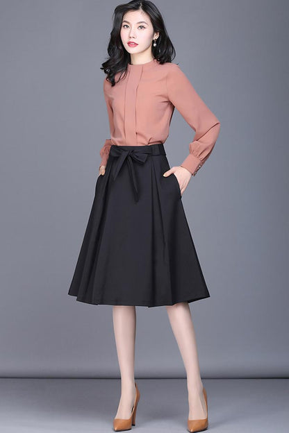 Black Polyester Knee-Length Skirt - High Waist A-Line Silhouette CYM316