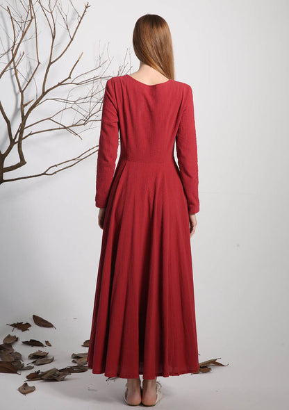 Red Linen Maxi Dress - Long Sleeve, Round Neckline 1133