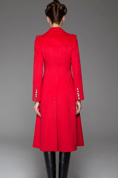 Vintage Wool Coat for Women – Handmade Red Double Breasted Military Style Winter Coat | Xiaolizi 1415