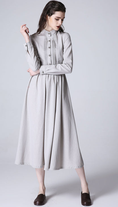 Light Grey Linen Dress - Pleated Front, Tea Length 1178