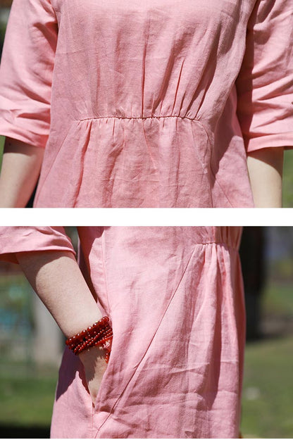 Soft Linen Midi Dress – Handmade Pink Retro Long Dress for Women | Xiaolizi  CYM472